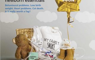 A poster that shows a baby shower gift basket with medical items in it