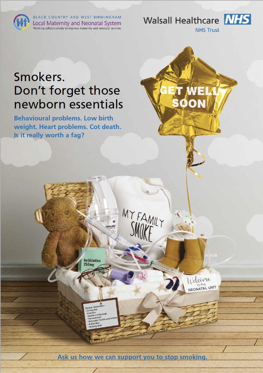 A poster that shows a baby shower gift basket with medical items in it