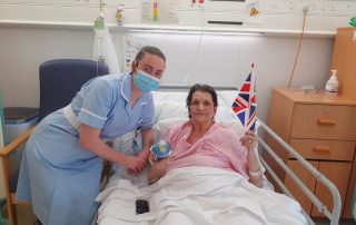 Patient Janet looks frorward to a cuppa with her cake