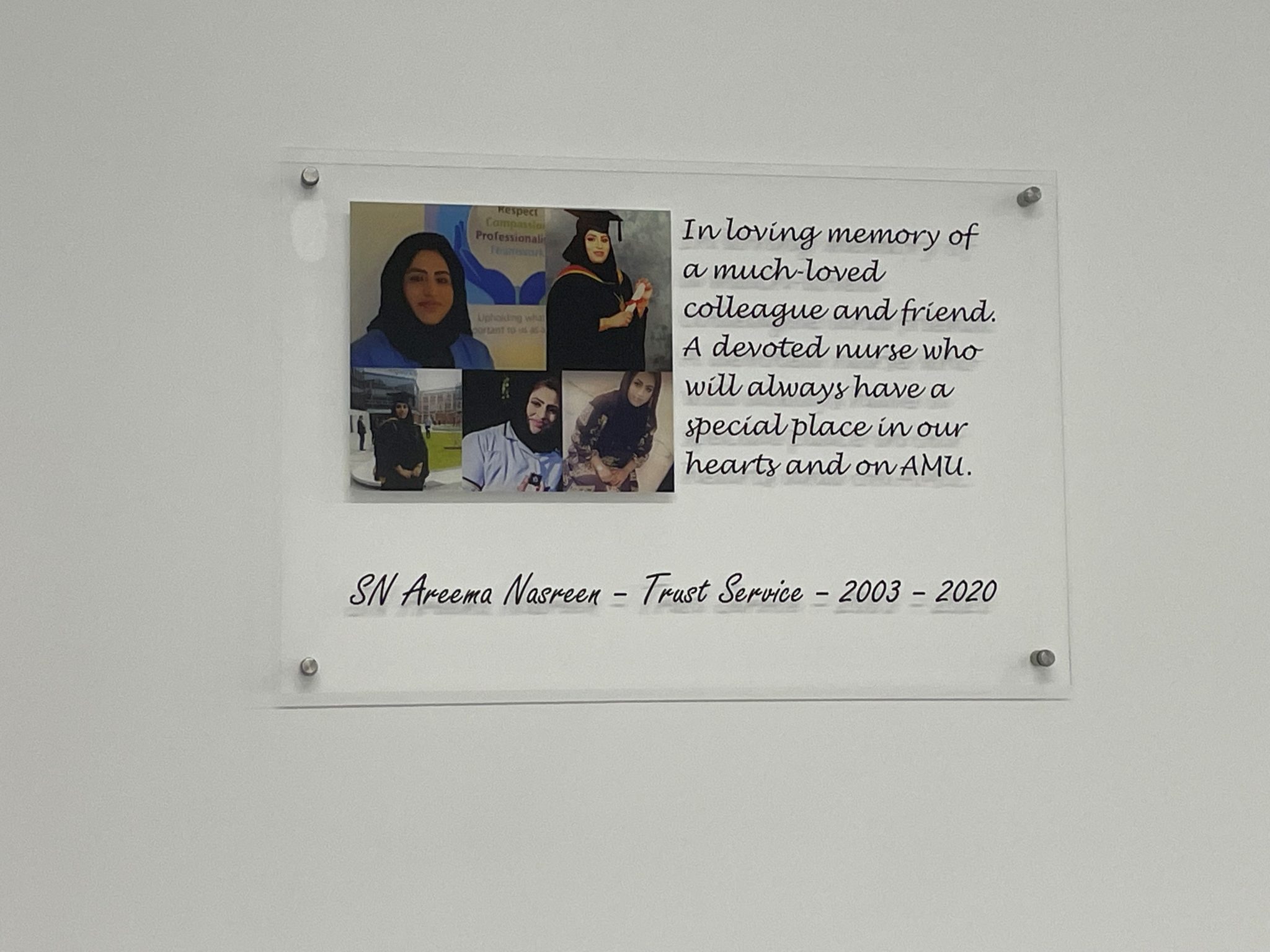 A close up of Areema's plaque on AMU