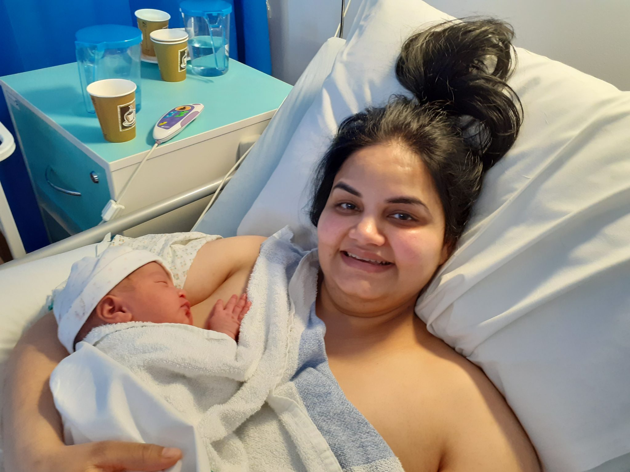 Navdeep Kaur and her new baby daughter, the first baby born in Walsall in 2024