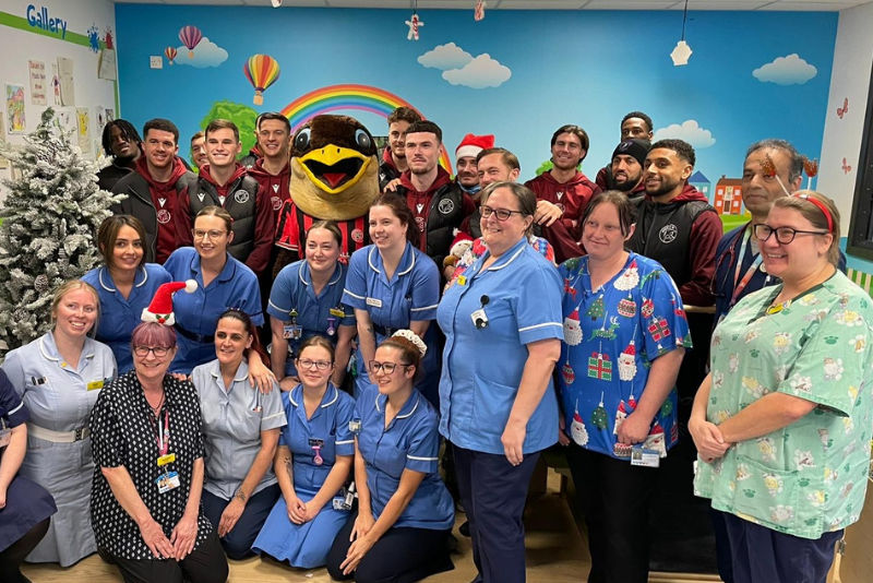 Walsall FC footballers visit staff at Walsall Manor Hospital.